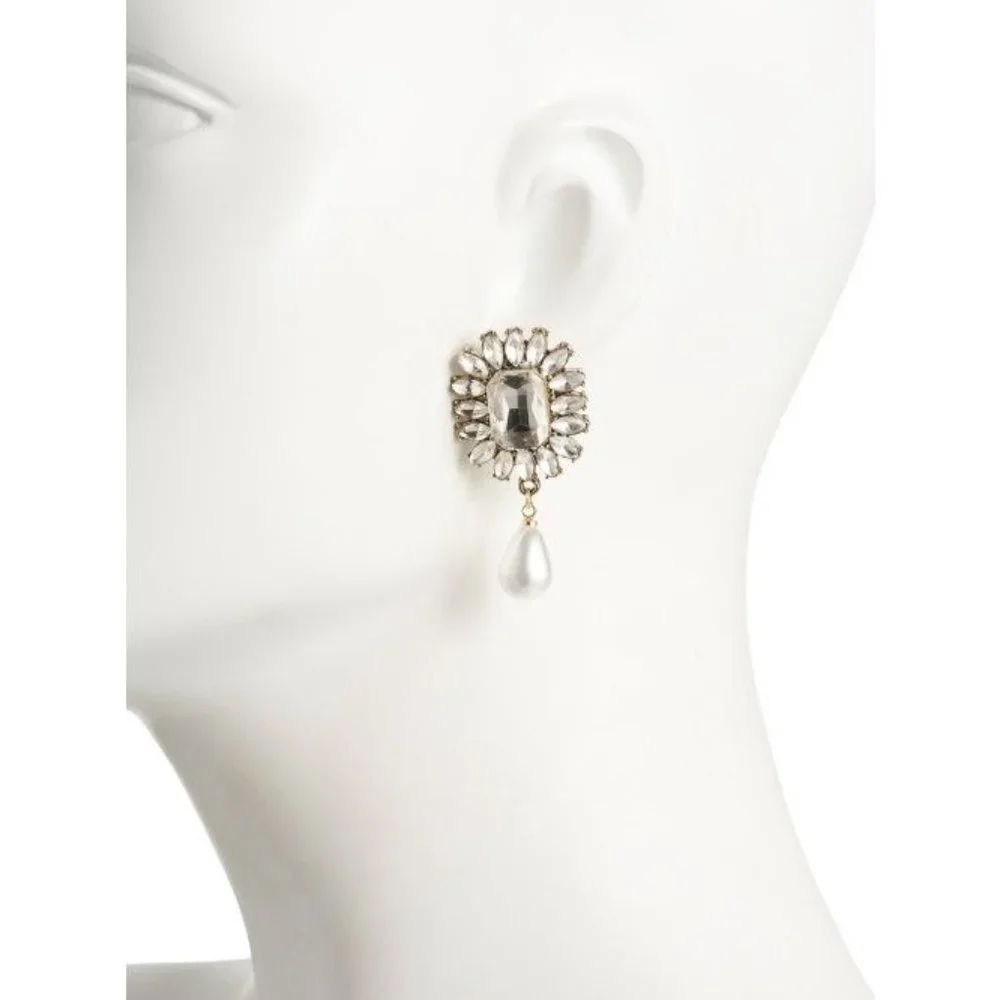 KENNETH JAY LANE Crystal Pearl Drop Earrings Cocktail Bridal Prom Pageant - Picture 4 of 11